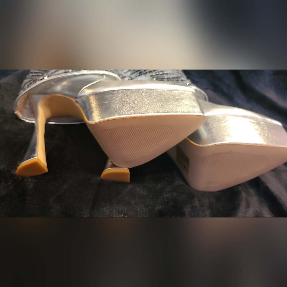 Silver Sequin Platform Mule Boots - Women's High Heel - Picture 7 of 15